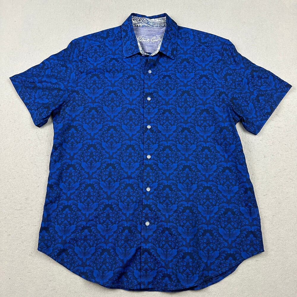 Robert Graham Shirt Men Large Blue Damask Classic Fit Short Sleeve Button Up L